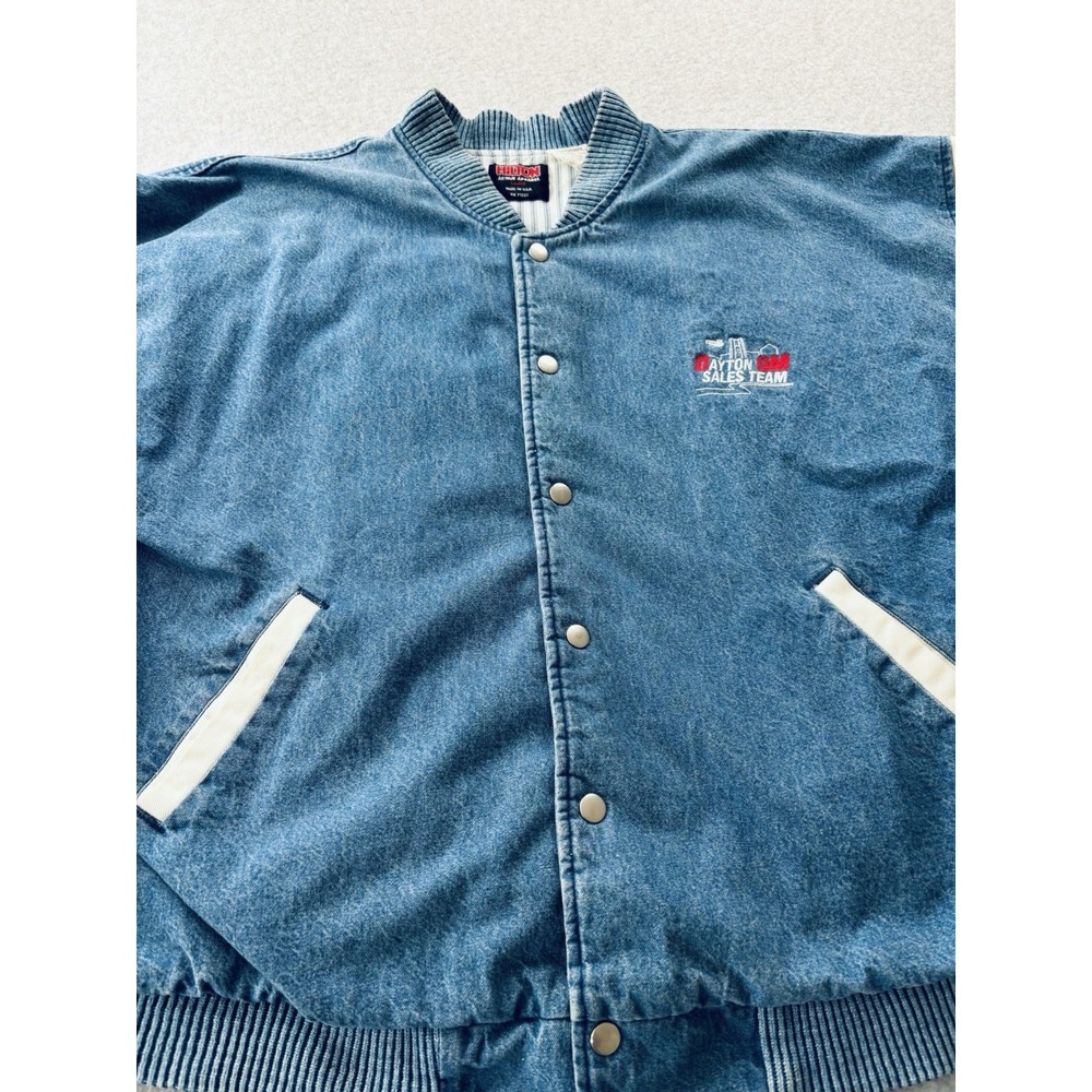 Vintage 90's Hilton Men's Denim Varsity Jacket Snap Button USA Dayton GM Patch L